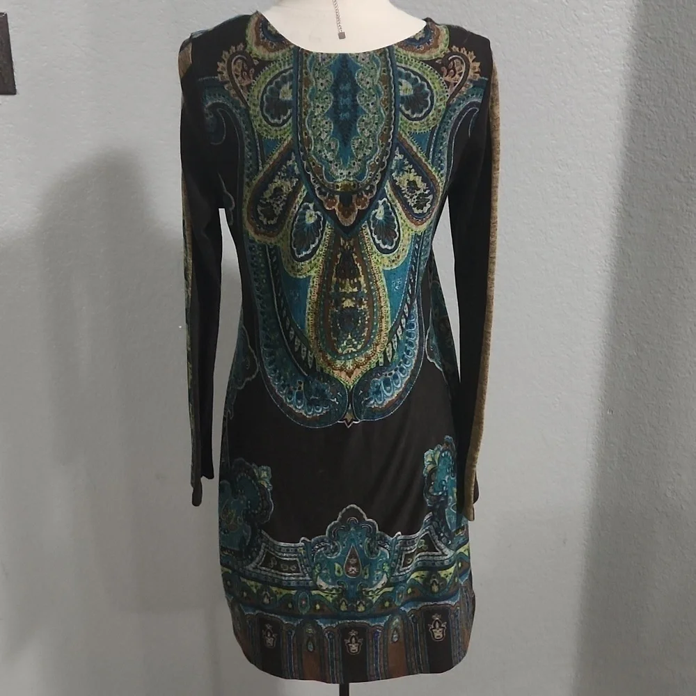 Snap- Empire Style- Long Sleeve -Paisley Brown, Blue & Green Dress- Medium